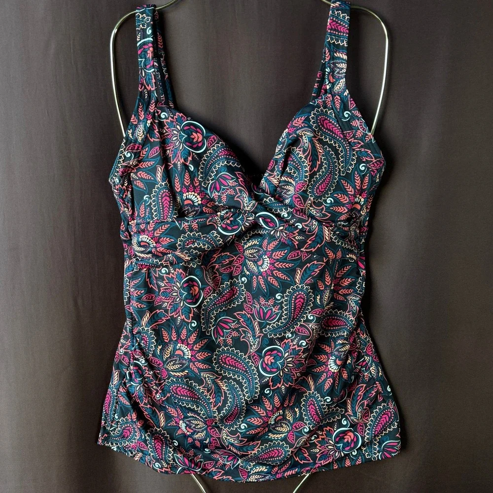 Lands' End Women's 2 V-Neck Wrap Underwire Tankini Swimsuit Top Paisley Floral P